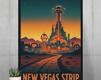 New Vegas Strip Poster | Fallout Travel Print | Retro Sci-Fi Wall Art | Video Game Inspired Poster | Mojave Wasteland Vintage Decor