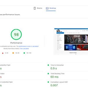 May include: A PageSpeed Insights desktop performance report showing a score of 98. The interface displays metrics including First Contentful Paint at 0.5 s, Speed Index at 1.4 s, Largest Contentful Paint at 0.6 s, Time to Interactive at 0.9 s, and Total Blocking Time at 60 ms.