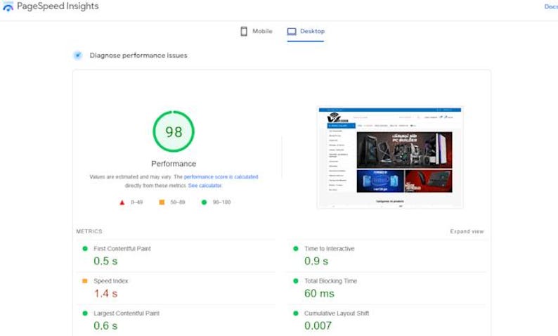 May include: A PageSpeed Insights desktop performance report showing a score of 98. The interface displays metrics including First Contentful Paint at 0.5 s, Speed Index at 1.4 s, Largest Contentful Paint at 0.6 s, Time to Interactive at 0.9 s, and Total Blocking Time at 60 ms.