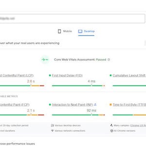 May include: A PageSpeed Insights web interface showing a Core Web Vitals Assessment passed status. The dashboard displays metrics including Largest Contentful Paint at 2.6s, First Input Delay at 4ms, Cumulative Layout Shift at 0.05, and other performance data.