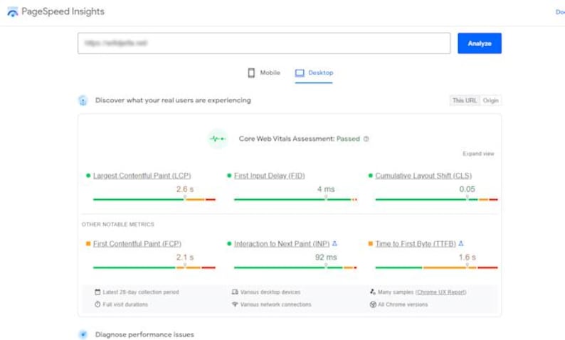 May include: A PageSpeed Insights web interface showing a Core Web Vitals Assessment passed status. The dashboard displays metrics including Largest Contentful Paint at 2.6s, First Input Delay at 4ms, Cumulative Layout Shift at 0.05, and other performance data.