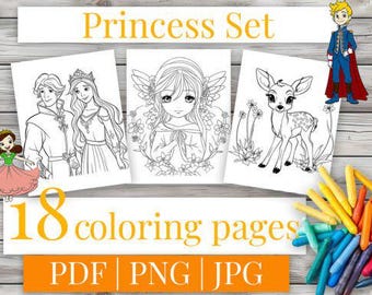 18 Digital Princess Coloring Pages, Princess Coloring for Kids: Perfect for Loves Princesses – 18 Princess Coloring Pages Inside!