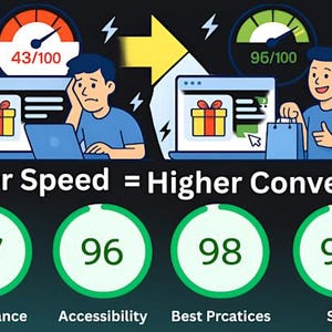 May include: An infographic showing a person frustrated with a 43/100 speed score on a laptop, transitioning to a 96/100 score with a happy person holding a shopping bag. Text reads Faster Speed = Higher Convesions, with scores for Performance 97, Accessibility 96, Best Prcatices 98, and SEO 99.