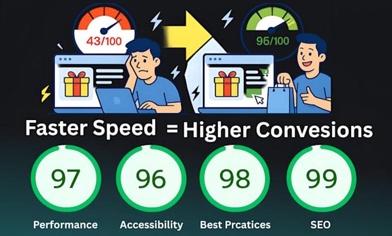 May include: An infographic showing a person frustrated with a 43/100 speed score on a laptop, transitioning to a 96/100 score with a happy person holding a shopping bag. Text reads Faster Speed = Higher Convesions, with scores for Performance 97, Accessibility 96, Best Prcatices 98, and SEO 99.