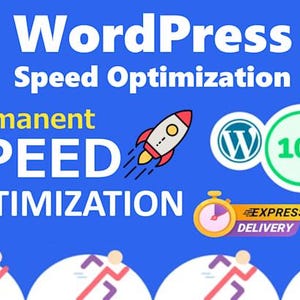May include: A blue graphic advertisement for WordPress Speed Optimization featuring white text, a rocket illustration, a WordPress logo, a green circle with the number 100, a colourful speed gauge, a yellow stopwatch, and four circular icons with runners.