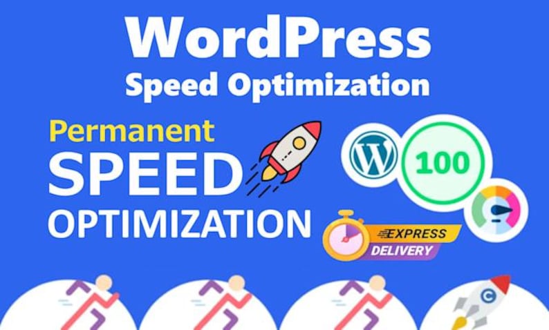 May include: A blue graphic advertisement for WordPress Speed Optimization featuring white text, a rocket illustration, a WordPress logo, a green circle with the number 100, a colourful speed gauge, a yellow stopwatch, and four circular icons with runners.