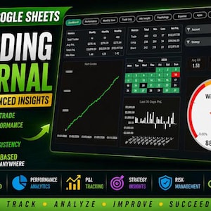 Puede incluir: Interfaz digital de un diario de trading con el texto "GOOGLE SHEETS TRADING JOURNAL WITH ADVANCED INSIGHTS". Muestra gráficos, tablas de datos y un indicador de tasa de ganancias. Incluye seguimiento de operaciones, análisis de rendimiento y gestión de riesgos.