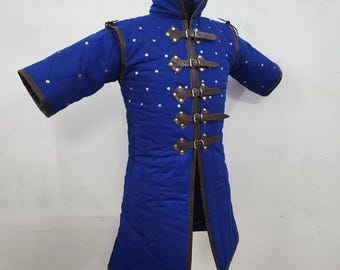 Medieval Gambeson With Black Leather Trim For Larp & with Free Tailoring!  Authentic Padded Armor Christmas Gifts