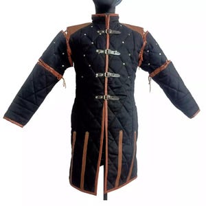 Medieval Gambeson, Thick Padded Cotton Fabric Long Gambeson Leather trim Labour Day