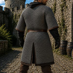 Op de afbeelding: Een zilverkleurig mali&euml;nkolder met korte mouwen en een bruine leren riem in de taille. Het kledingstuk wordt gedragen over een zwart shirt met lange mouwen en capuchon en een donkere broek, met zwarte leren handschoenen aan de handen.