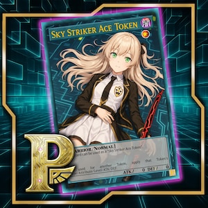 Może przedstawiać: Karta Sky Striker Ace Token z ilustracją w stylu anime młodej kobiety z blond włosami i zielonymi oczami. Karta ma czarną obw&oacute;dkę ze złotymi akcentami i tekstem "Sky Striker Ace Token". Karta jest umieszczona na cyfrowym tle.