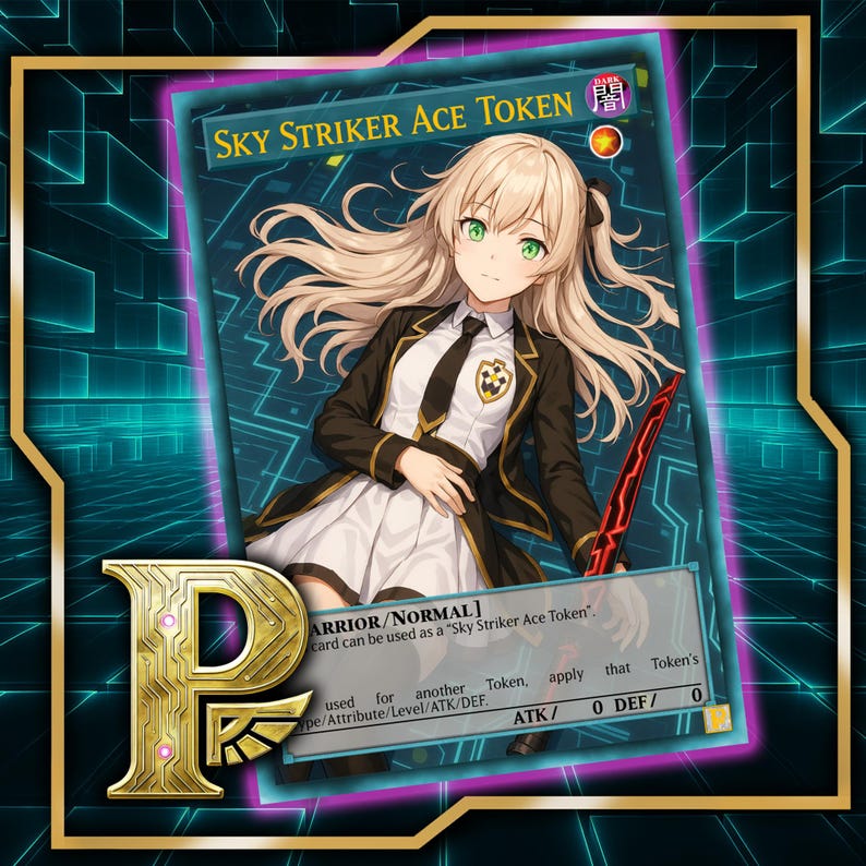 Może przedstawiać: Karta Sky Striker Ace Token z ilustracją w stylu anime młodej kobiety z blond włosami i zielonymi oczami. Karta ma czarną obw&oacute;dkę ze złotymi akcentami i tekstem "Sky Striker Ace Token". Karta jest umieszczona na cyfrowym tle.