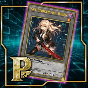 Może przedstawiać: Karta kolekcjonerska z ilustracją postaci z anime trzymającej miecz. Karta oznaczona jako "Sky Striker Ace Token" z tekstem w języku angielskim i japońskim. Karta ma złote obramowanie i emblemat "P".