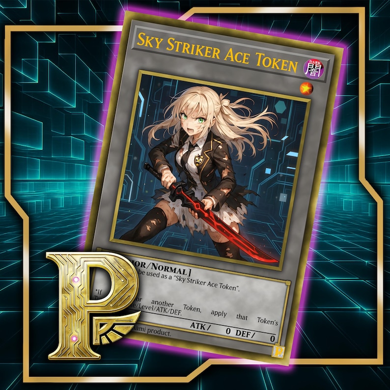 Może przedstawiać: Karta kolekcjonerska z ilustracją postaci z anime trzymającej miecz. Karta oznaczona jako "Sky Striker Ace Token" z tekstem w języku angielskim i japońskim. Karta ma złote obramowanie i emblemat "P".