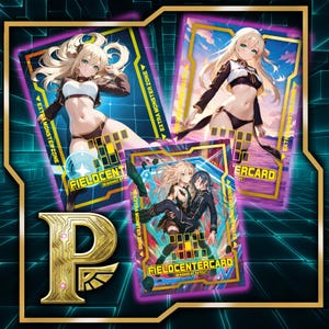 Puede incluir: Tres cartas coleccionables con ilustraciones de estilo anime de personajes femeninos. Las cartas tienen una combinación de colores azul y dorado con el texto "EXTRA MONSTER ZONE" y "FIELDCENTERCARD". Una letra "P" dorada está en la esquina inferior izquierda.