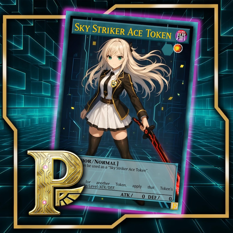 Może przedstawiać: Karta kolekcjonerska z żeńską postacią z anime trzymającą czerwony miecz. Karta jest oznaczona jako "Sky Striker Ace Token" ze złotą obw&oacute;dką i logo "P". Postać nosi czarno-biały mundur.
