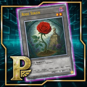May include: A Rose Token card with a large red rose illustration. The card has a gray background with the text "Rose Token" at the top. The card also has a gold border and the letter "P" in the lower left corner.