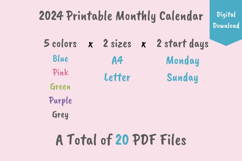 2024 Monthly Calendar Printable, Calendar, Digital Download, Instant