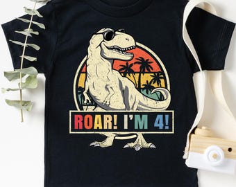 Roar I'm 4 Birthday Shirt, Retro T-Rex 4th Birthday Boy Tee,Vintage Dinosaur Toddler Shirt,Cool Dinosaur 4 Year Old Outfit,Rawr I'm Four Tee