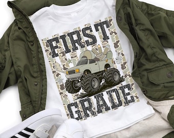 First Grade Monster Truck Shirt, Boys First Day School Outfit,Striped Camo Back to School Boy Shirt,1st Day School Tee,1st Grade Kids Outfit