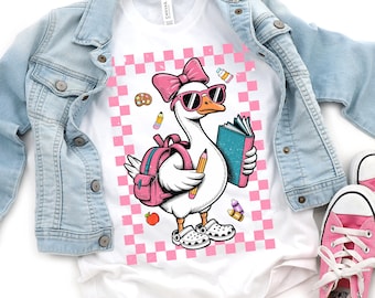 Girls Back To School Goose Shirt, First Day Of School Outfit, School Goose Shirt Girl,Girly School T Shirt, Organic Cotton Kids School Shirt