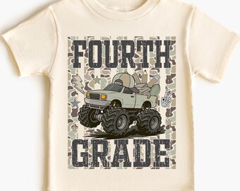 Boy's Fourth Grade Monster Truck Shirt, Striped Camo Back to School Boys Shirt,Boys Fourth Grade Outfit, First Day School 4th Grade Tee Gift