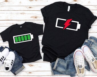 Mom and Baby Matching Battery Shirts, Family Vacation Outfits, Tired Mom T-Shirts, Gift for New Mom,Funny New Parents Gift,Low Battery Shirt