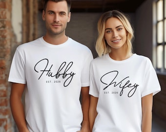 Hubby Wifey Est 2026 Shirts, Customized Couple Shirts, Husband Wife Tees, Honeymoon Matching Shirts, Engaged Shirt, Anniversary Gift for Her
