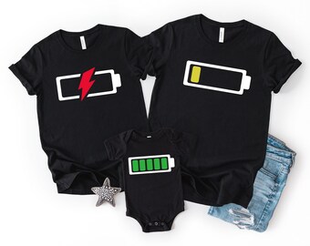 Battery Family Matching Shirts, Funny New Parents Gift, Family Reunion Shirt, Low Battery Tee,Charged Battery,Daddy Mommy Baby Matching Tees