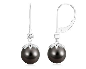 Tahitian Black Pearl Earrings, 925 Sterling Silver Gold Plated Lever Back