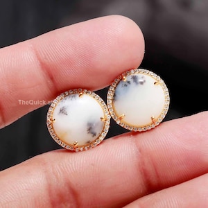 Dendrite Opal Stud Earrings, Round Dendrite Halo Studs, 925 Sterling Silver Opal With Moissanite Studs, Birthday Earring, Opal Studs Earring
