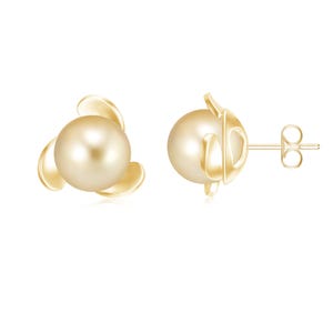 Golden South Sea Pearl Studs Earrings For Women, 925 Sterling Silver Gold Plated Floral Studs, 8mm Ball Round Golden Studs For Bridal Gift