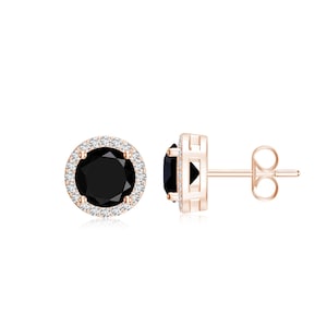 Round Black Onyx Halo Stud Earrings 925 Silver 14K Rose Gold Earrings Birthday Gift Anniversary Gift For Mother Graduation Gift For Love