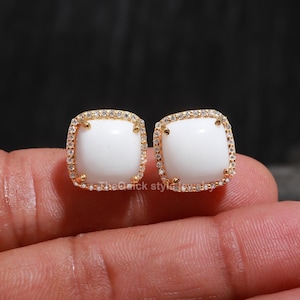White Opal Cushion Halo Earrings in 925 Sterling Silver Gold Plated Studs, Opal With Moissanite Studs Earrings For men Women Gifted Item