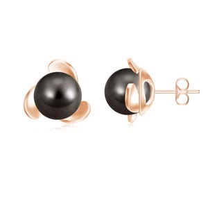 Orecchini a bottone con perle nere di Tahiti a ventaglio, orecchini a bottone con perle nere a sfere rotonde lisce da 8 mm, orecchini a bottone con perle solitarie da donna, gioielli con perle