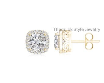 Moissanite Cushion Stud Earrings, Diamond Halo, Sterling Silver