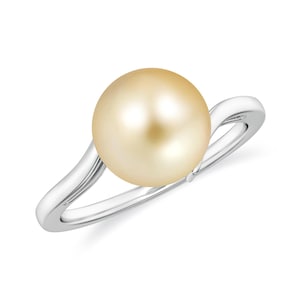 Golden South Sea Pearl Ring in 14k Gold Plated Silver Solitaire Pearl Ring, Golden Pearl 8mm Smooth Ball Flush Setting Ring, Engagement Ring