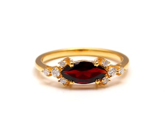 Red Garnet Marquise Ring, 14k Gold Plated, Moissanite Accent