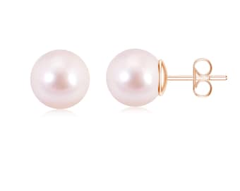 Akoya Pink Pearl Stud Earrings, 925 Silver Gold Plated, 8MM