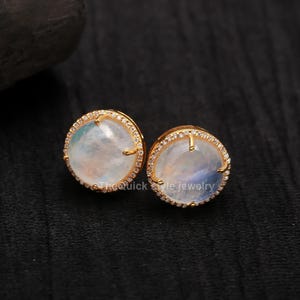 Rainbow Moonstone Round Cabochon Studs Earrings For Women, 925 Silver Gold Plated Moissanite halo Studs For Men, Micro Set Studs earrings