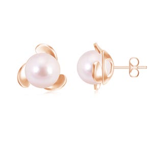 Akoya Pearl Studs Earrings, 925 Sterling Silver Floral Designer Studs For Women, Smooth Ball Pink Pearl Studs Earrings, Engagement Ring Gift