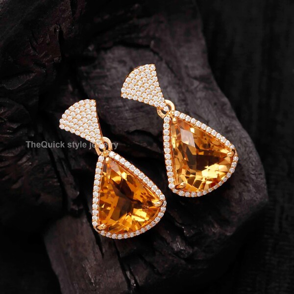 Natural Citrine Earring made up of 92.5 Sterling silver with Moissanite, Natural Citrine Earring, moissanite Earring, Women Earrings