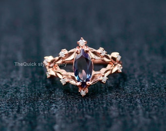 Marquise Alexandrite Engagement Ring, Nature Inspired Leaf Branch, Moissanite Accents