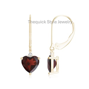 Pendientes de corazón con granate rojo, pendientes de granate chapados en oro de 14k, pendientes colgantes de plata maciza, pendientes hechos a mano para mujer (regalo)