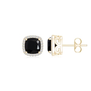 Black Onyx Cushion With Moissanite Round Cut Halo Studs, 14k Gold Plated Silver Studs, Dainty Studs Earrings For Women Jewelry Gifted Item