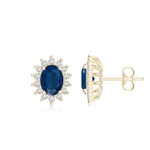 Lab Blue Sapphire Stud Earrings, Halo Simulated Diamond Earrings, 14k Gold Plated Push Back Earring, Oval Sapphire Earring, Gift For Women&#39;s
