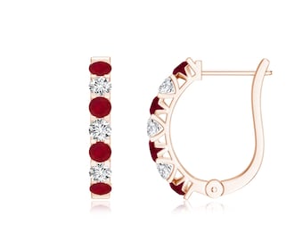 Gold Plated Sterling Silver Ruby Hoop Earrings, Moissanite Accents