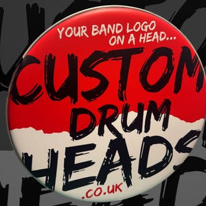 May include: A custom drum head with a red and white design. The text "YOUR BAND LOGO ON A HEAD... CUSTOM DRUM HEADS .co.uk" is displayed in a bold, black font. The drum head is circular.