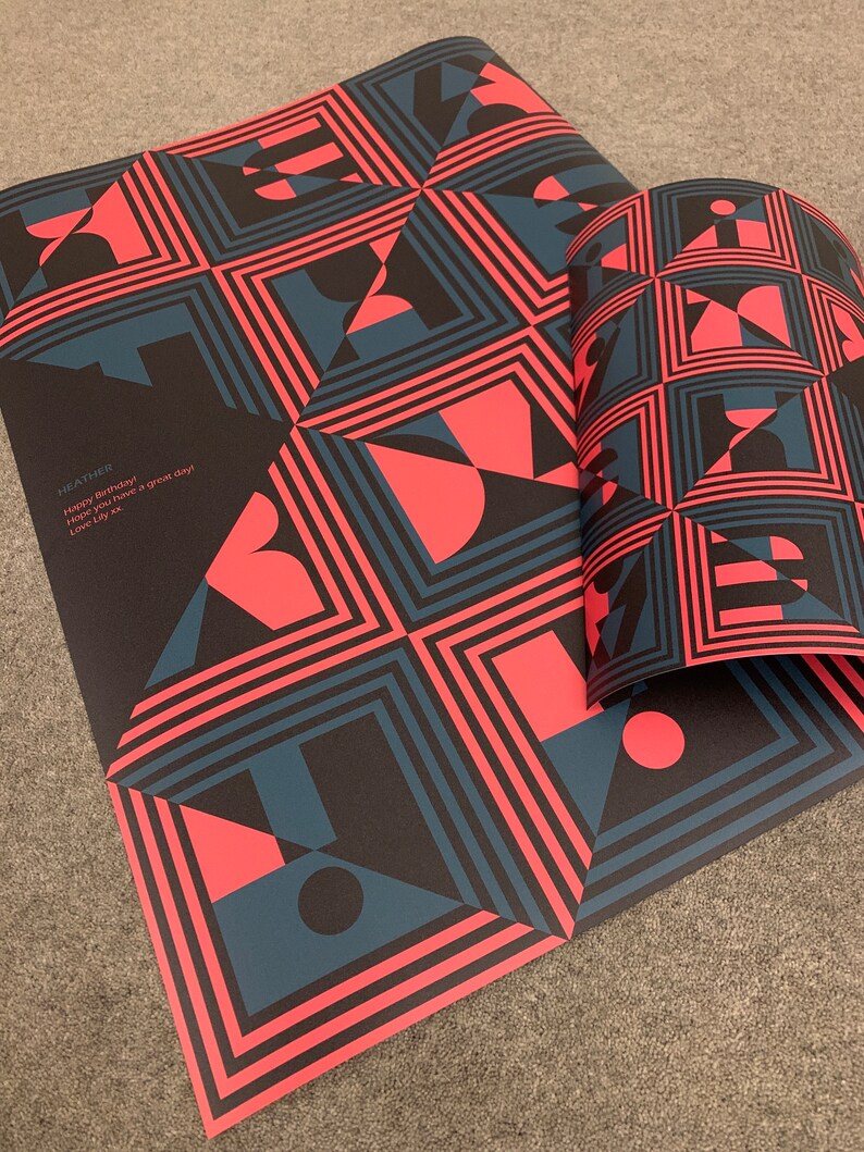 May include: A black and red geometric pattern wrapping paper with the text "HEATHER Happy Birthday Hope you have a great day Love L&Y xx".