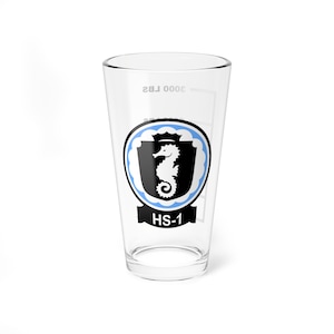May include: A clear glass pint glass with a black and white seahorse emblem and the text "HS-1" printed on the front.